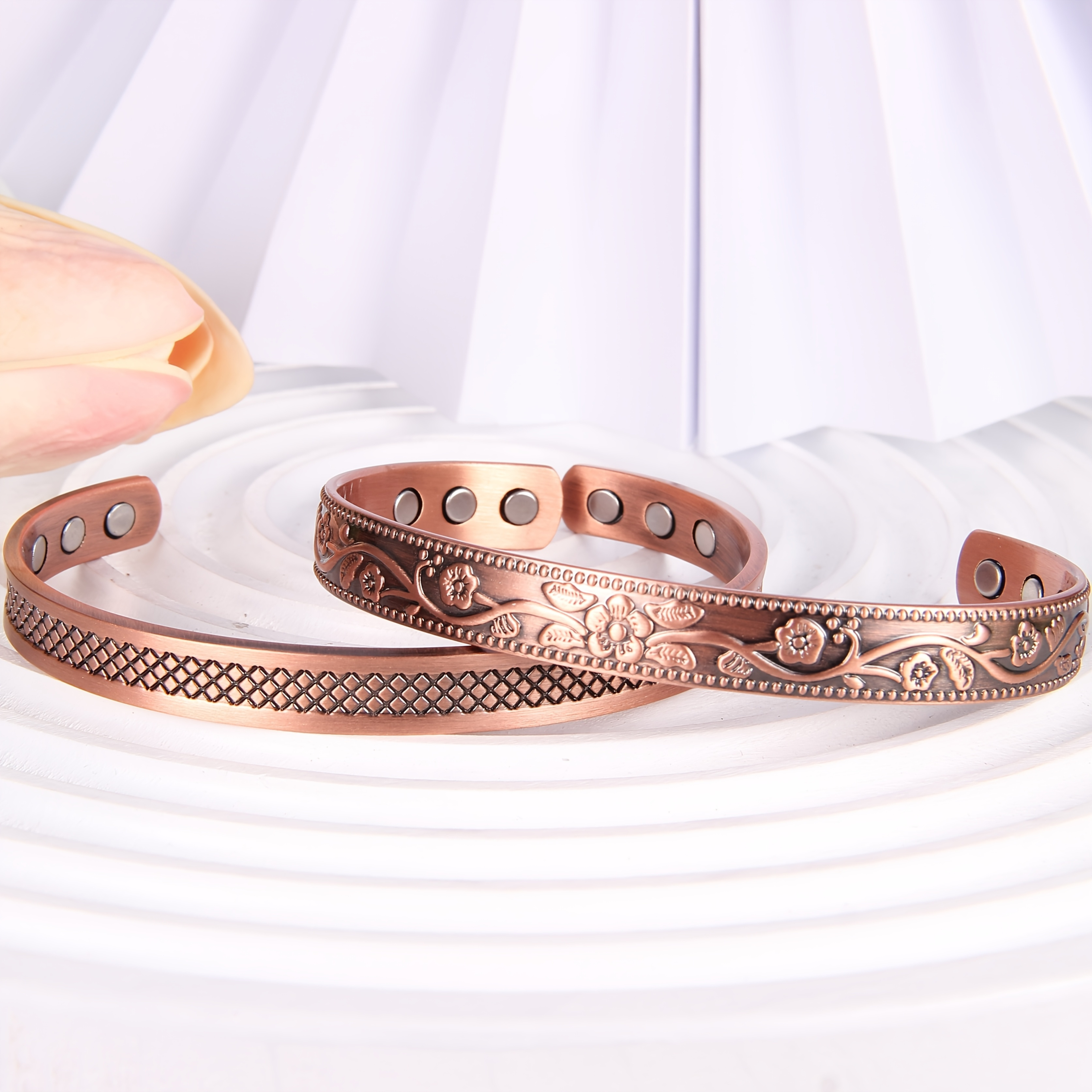 Image of 2pcs Copper Adjustable Magnetic Bracelets | Engraved Cuff Bangle, Copper Jewelry For Men And Women