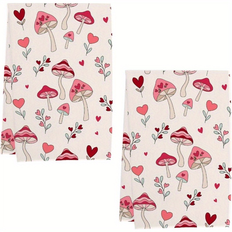 

2pcs Modern Cartoon Mushroom And Heart Pattern Dish Towels, 18x26 Inch, Super Soft Polyester, Machine Washable, Absorbent Kitchen/bathroom Hand Towels, Kitchen Towels