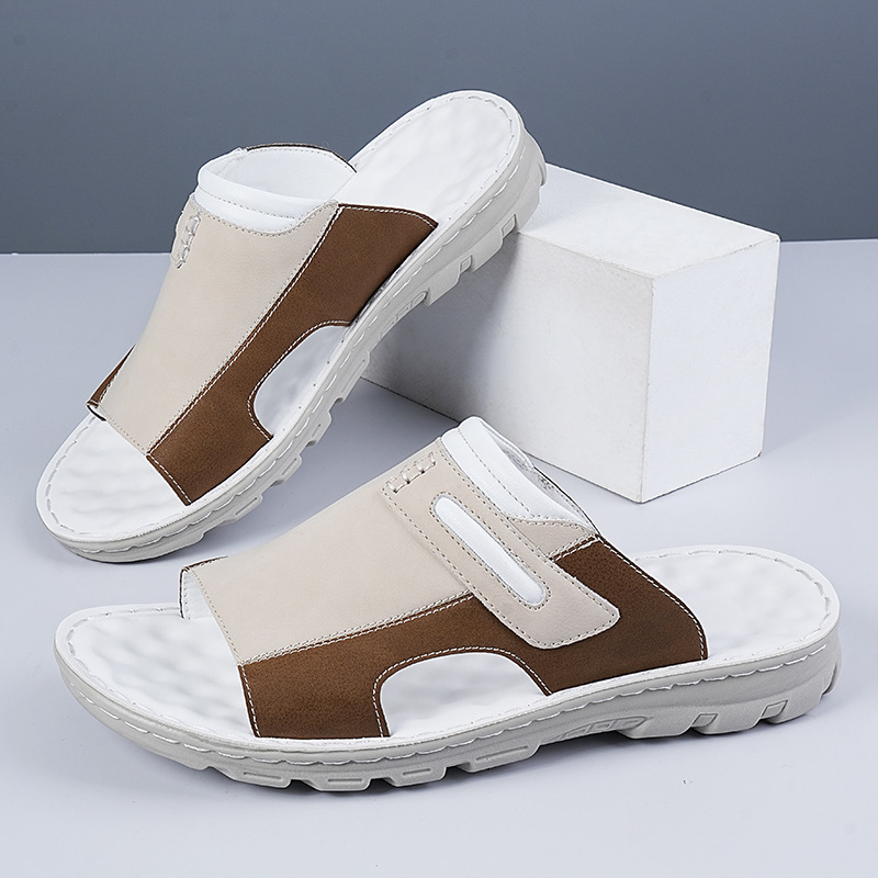 mens summer fashion slides comfortable thick cushioned non   flops casual open toe slippers with zipper detail   in black white and brown summer slippers Product details 2
