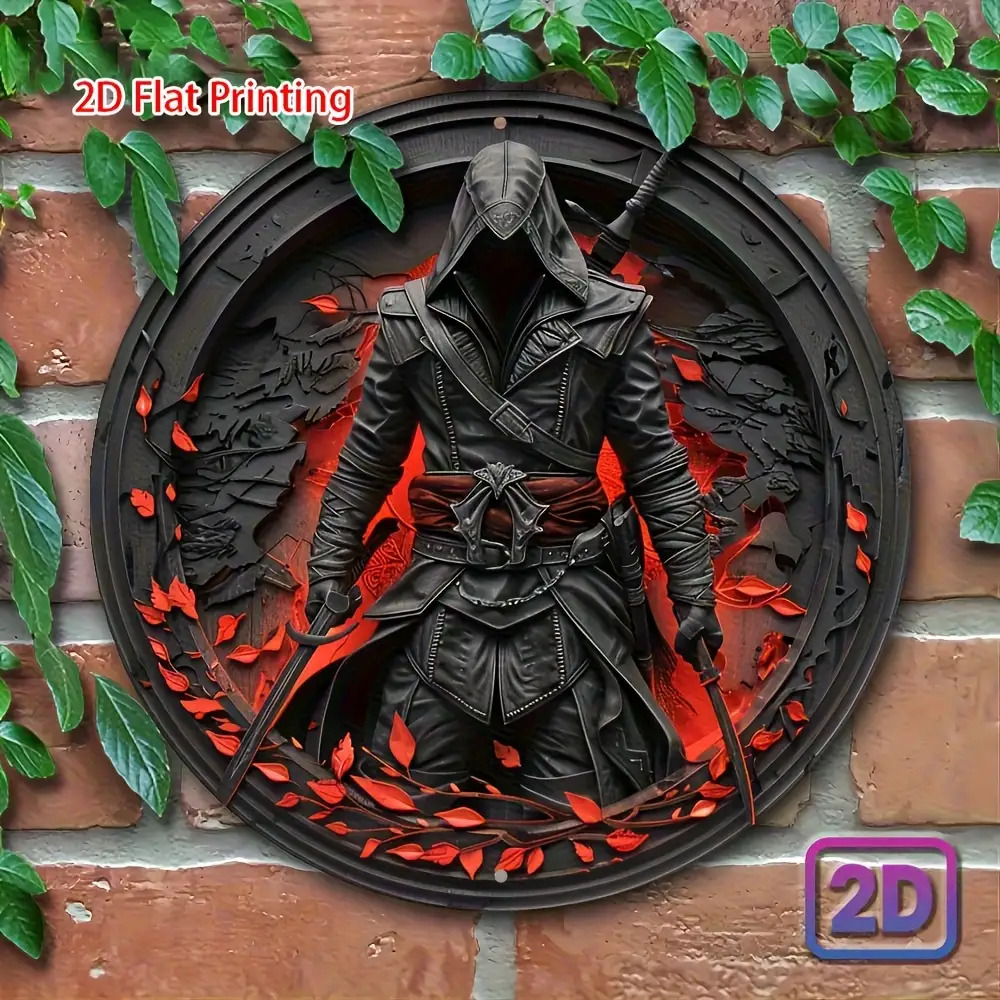Image of 2d Flat, 1pc Vintage Assassin Themed Metal Wall Art - 8"x8" Waterproof Hd Printed Iron Sign With Pre-drilled Holes For Easy Hanging, Perfect For Home Office & Game Room Decor, Room Decor