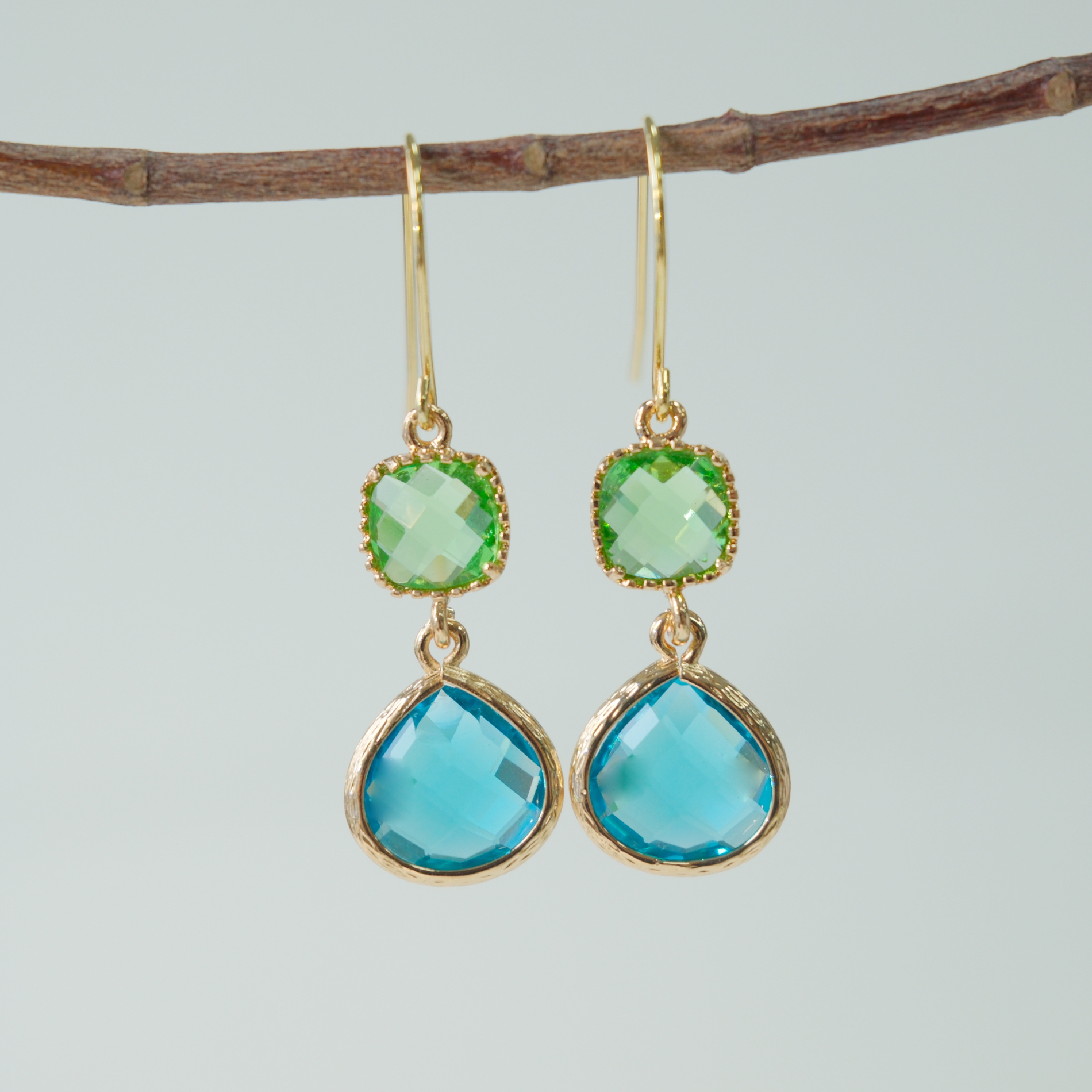 TEMU And Peridot Earrings, Green And Blue Statement Earrings, Long Teardrop Earrings, Peridot Drops In Golden Or Silvery, Gift For