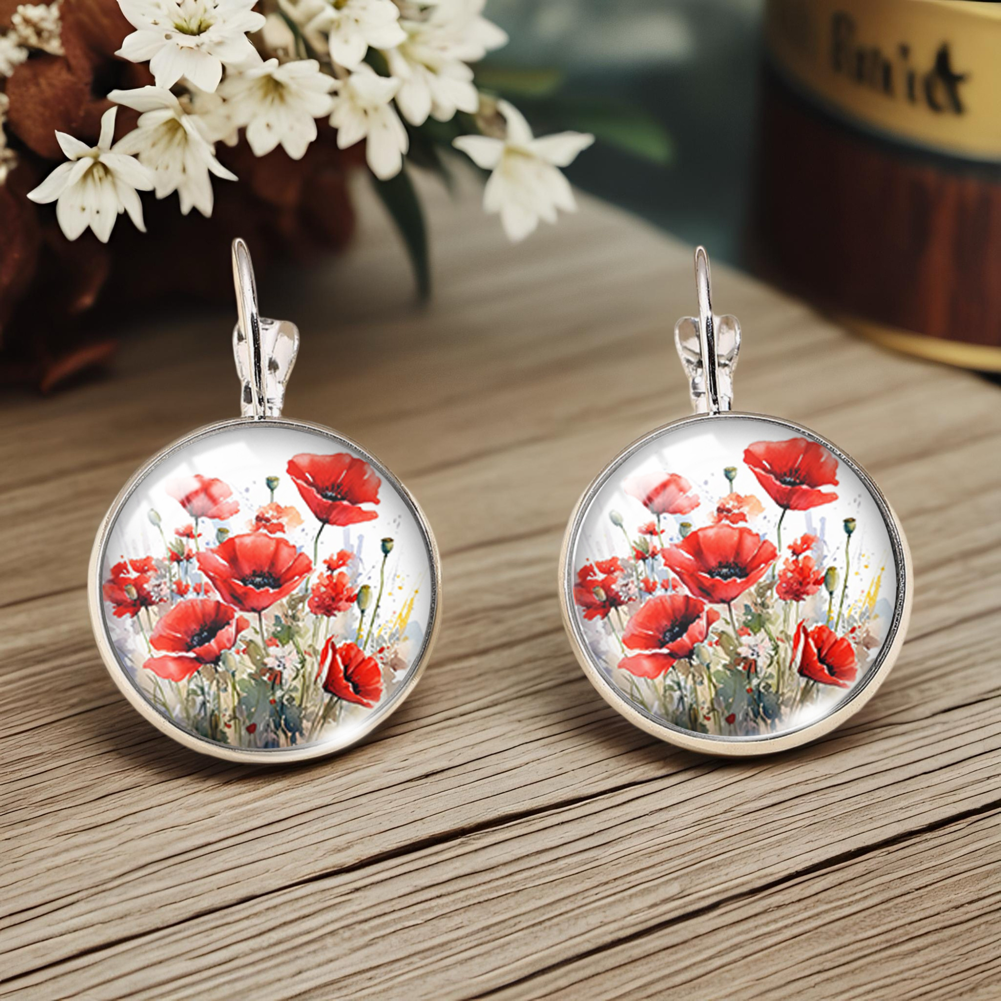 TEMU Fashionable Floral Pattern Minimalist Style Illustration Glass Round Earrings, Stylish Jewelry Gift