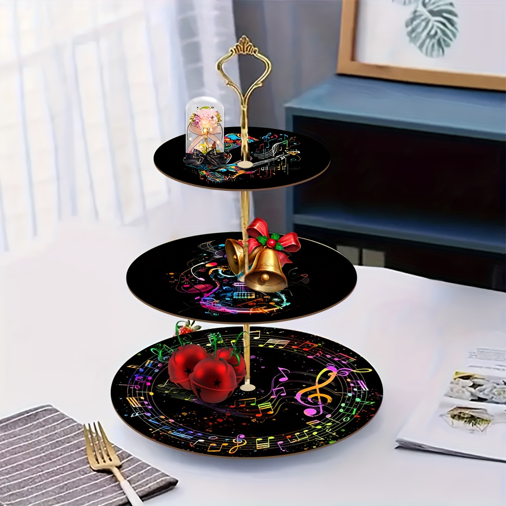 TEMU A 2d Flat Wooden Black Guitar Record Pattern Display Tray And Storage Rack With 3 Layers, Elegantly Designed For Occasions Like Weddings,