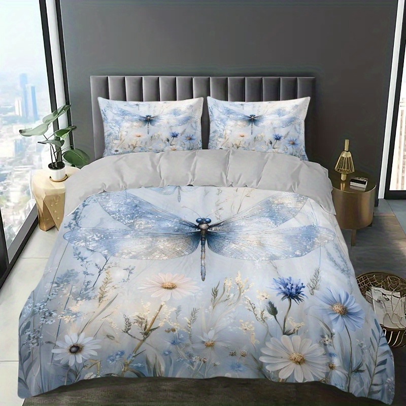TEMU Dragonfly & Floral Duvet Cover Set - Large, Polyester Blanket With Vibrant Design, Includes 1 Queen Size Duvet Cover, 1 King Size Duvet Cover,