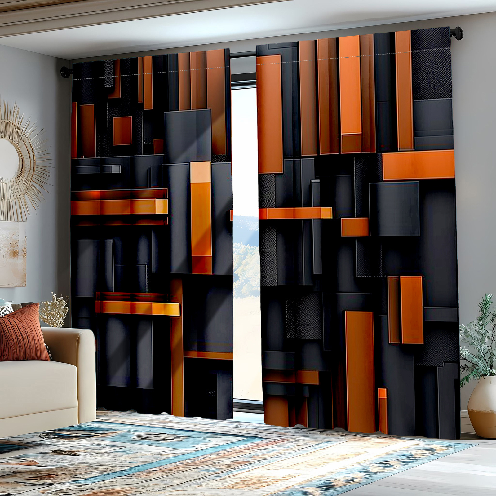 TEMU 2d Abstract Geometric Curtain Panel Set, 2pcs, Semi-sheer Polyester, Classic Fantasy Print, Semi-opaque, Uncorded, Rod Pocket, Suitable For