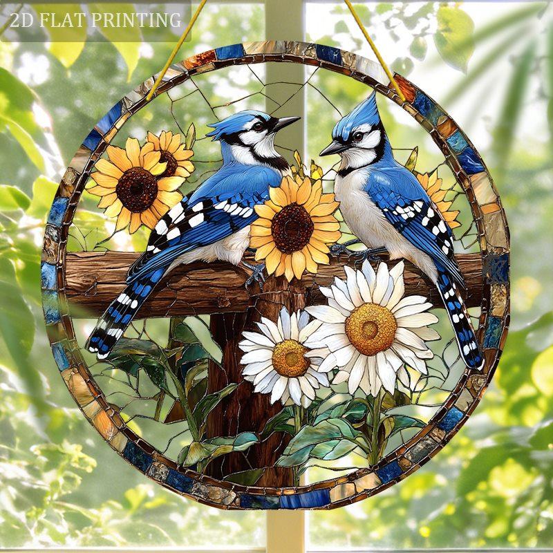 TEMU 2d Flat, 1pc, Trio And Sunflower Stained Acrylic Sun Catcher Ornament, Bird Decoration 8x8 Inches, Cute Summer Home Decor, Window Ornament,