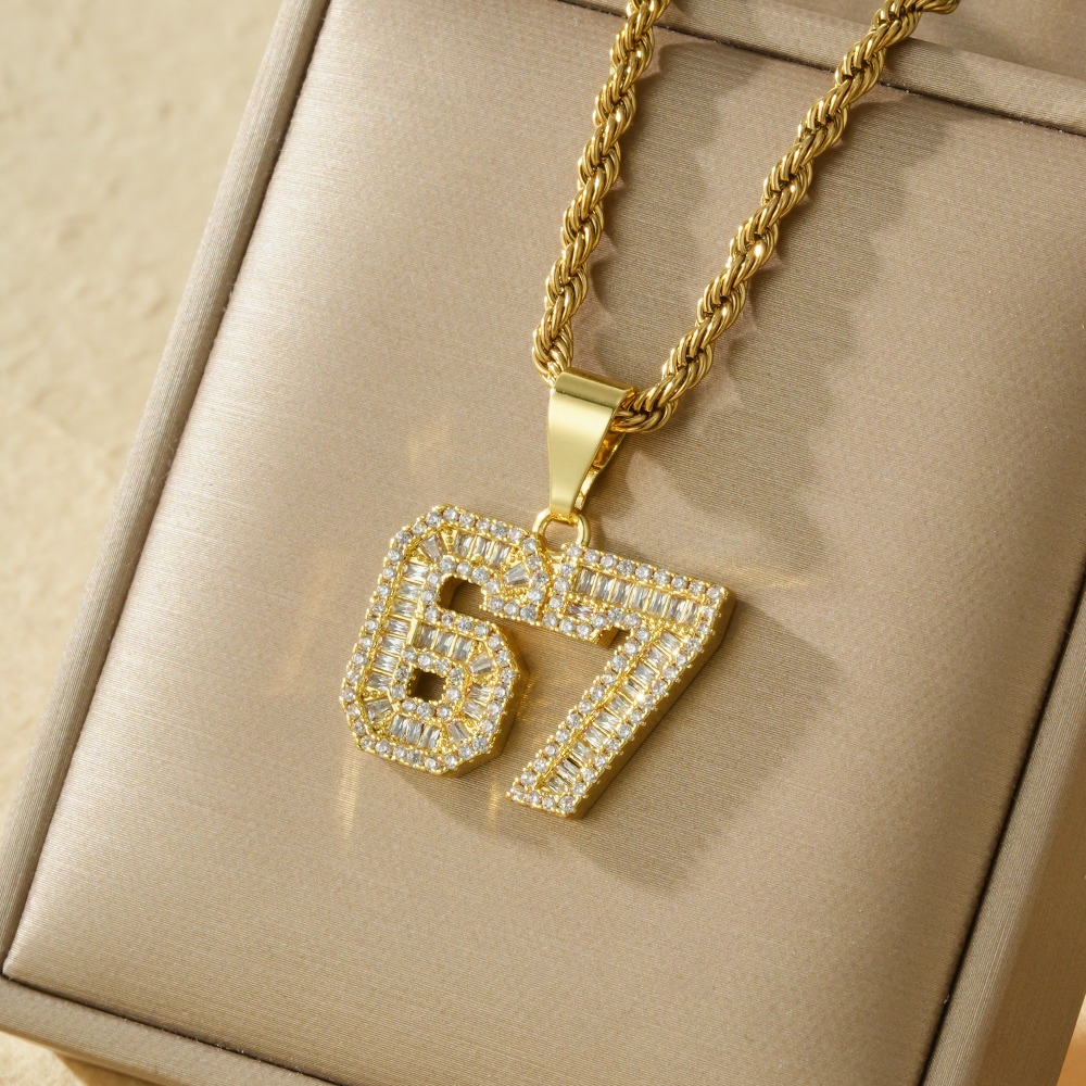 TEMU Twisted Rope Thick Chain Sports Necklace With 67 No. Synthetic Square 3a Zirconia Pendant | Heavyweight Sports Number, Suitable For Men And