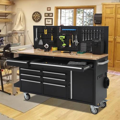 Heavy-Duty 61 Rolling Tool Chest with Back Panel, 10 Drawers, Sturdy Rubber Wood Top, Lockable Wheels, Drawer Liners, Key Lock, Industrial Steel Storage Cabinet for Garage, Workshop, Warehouse