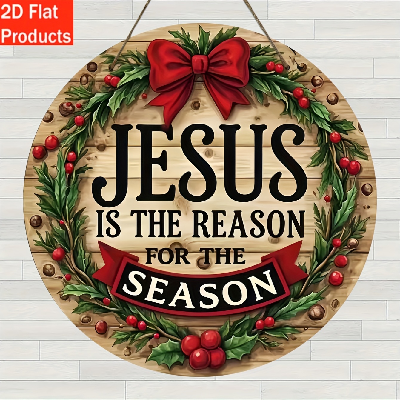 TEMU 2d Flat, 1pc 2d Printed Round Winter Wooden Wall Decor, Christmas Wreath "pattern", Wood Seasonal Decoration, Suitable For Home And Outdoor