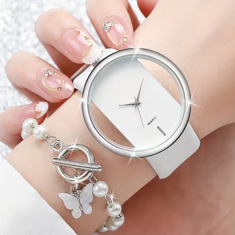 2pcs/Set Women'S Fashion, Minimalist, Skeleton Dial, Quartz Watch+Bracelet Watch Case Not Included
