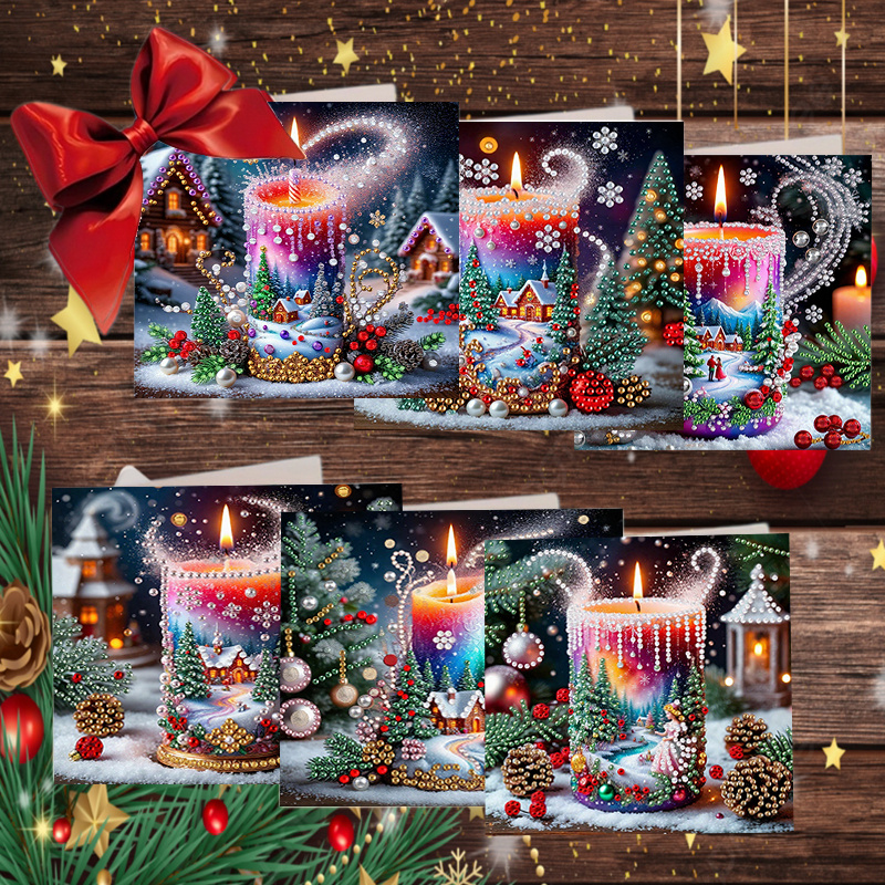 TEMU 6pcs Diy Unique New Diamond Painting Greeting Card Set, Christmas Candle Flower Pattern Themed Greeting Cards, Birthday And Holiday Greeting