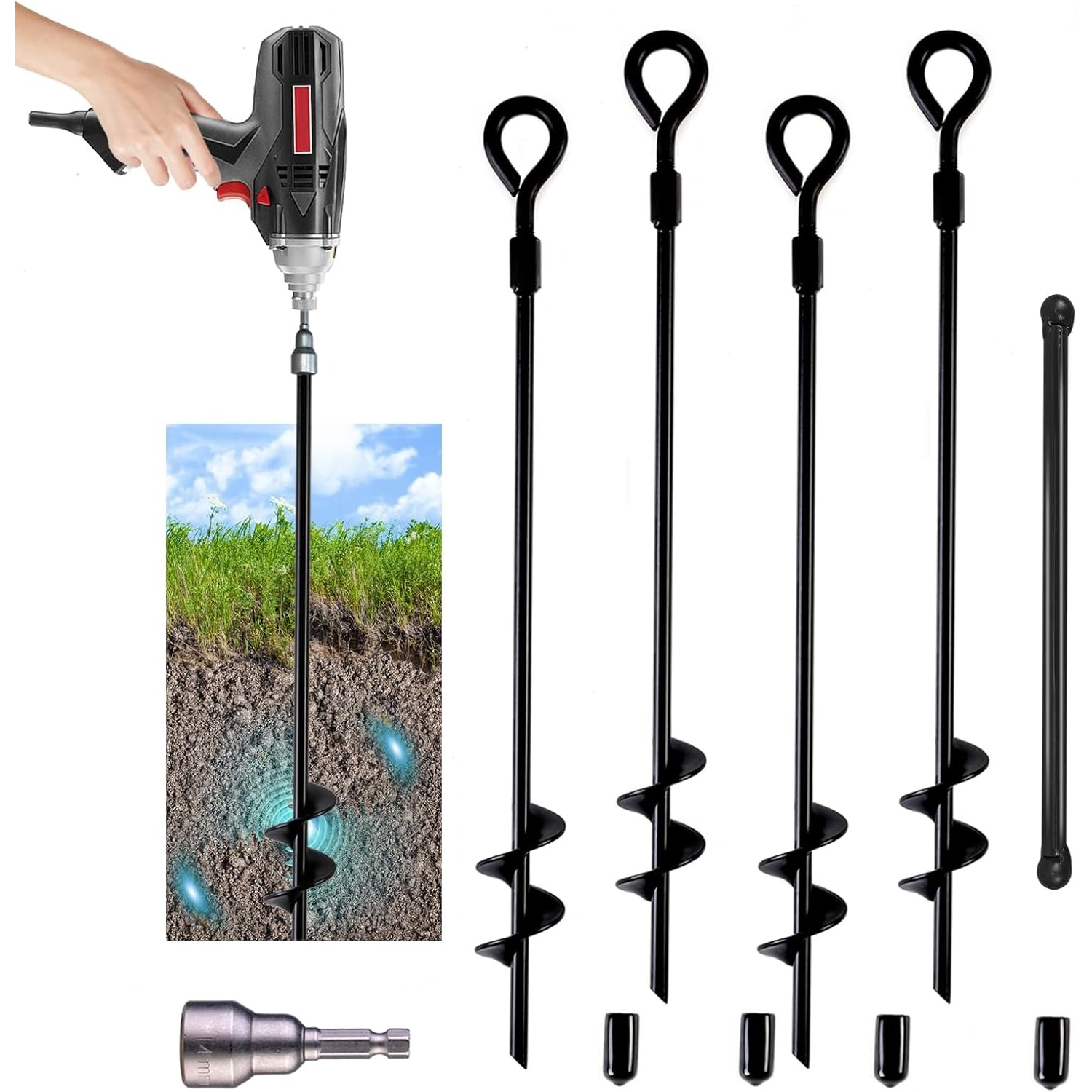 TEMU Snynuxx 4/ 6/ 8pk 18 Inch Ground Anchors Screw In Folding Ring Spiral Metal Ground Stakes Dog Tie Out Stake Spiraling Anchor Trampoline Anchors