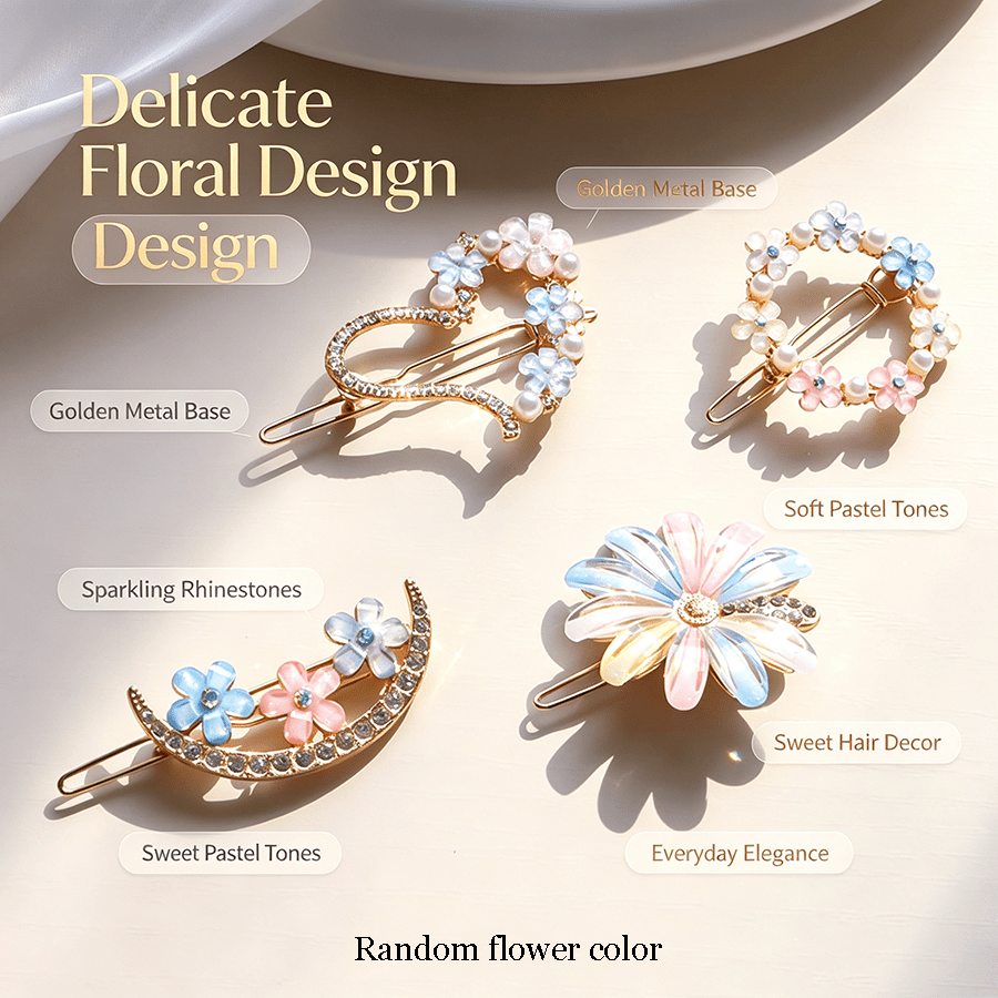 TEMU 4pcs Set Of Light Luxury Floral Metal Hairpin, Ladies Flashing Macaron Flower Side Clip, Fresh, Elegant And Fashionable Hair Accessories,