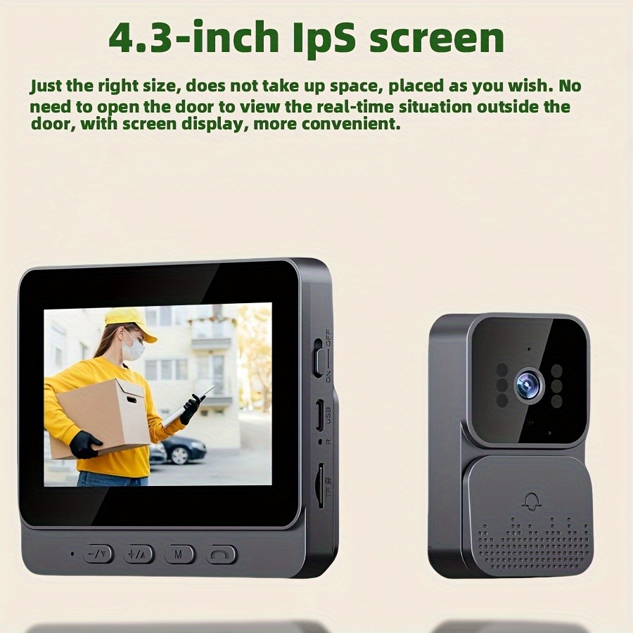 TEMU Sonnette de porte intelligente fil, sonnette vidéo, fonction , de 70°, pas besoin de réseau fil, équipée d'un écran d'affichage de 4,3 pouces,