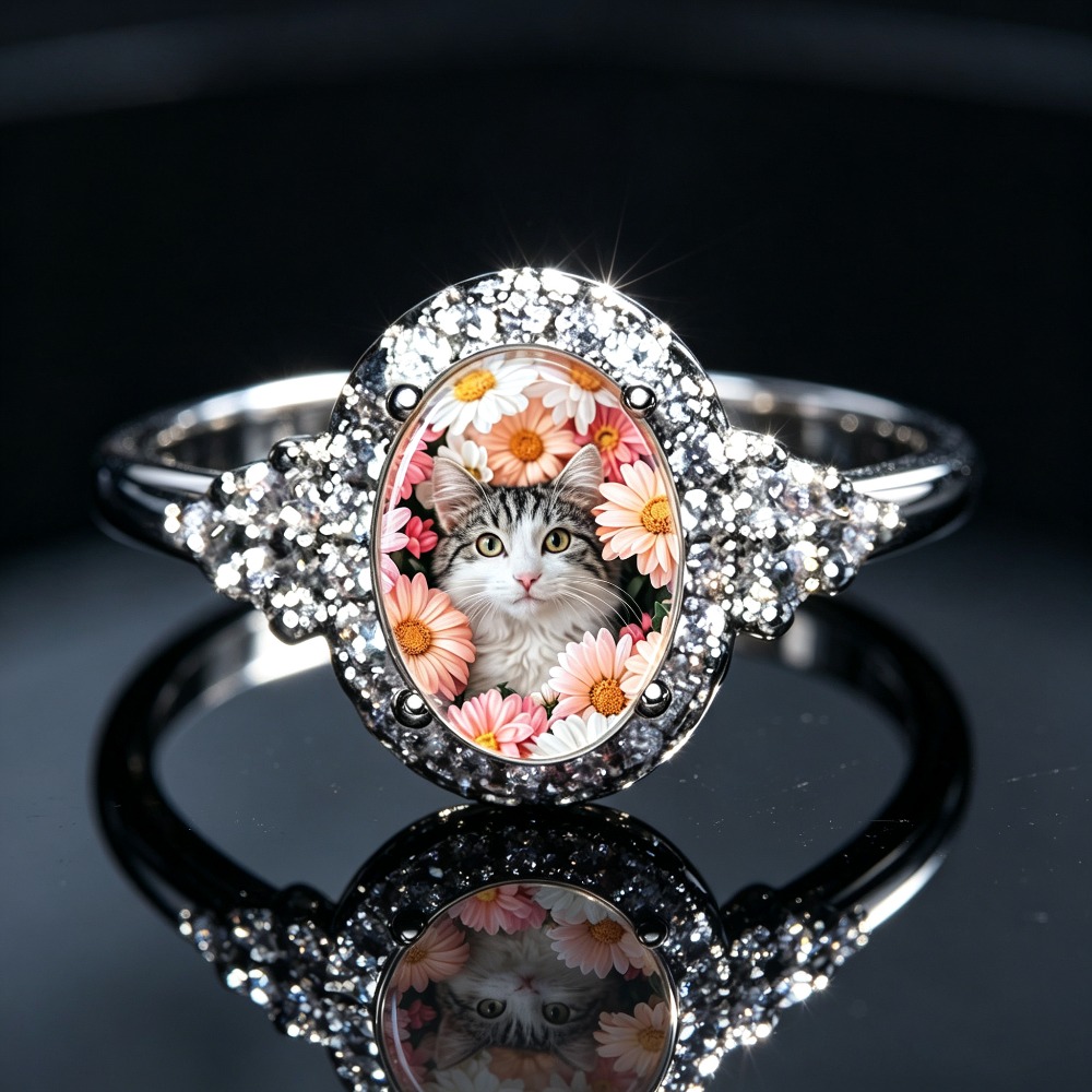 Women's Silvery Oval-Shaped Kitten Ring with Colorful Daisies