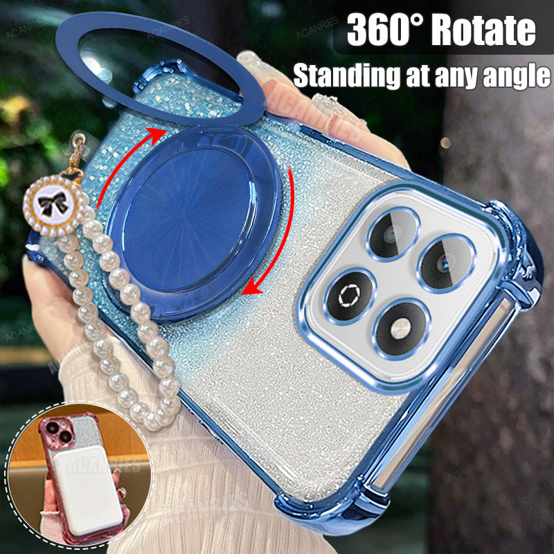 item picture phone case acanries magnetic 360 rotate thin kickstand trendy chain lanyard for woman girls plating glitter gradient shockproof phone case for huawei honor x6c x6b  6b 4g x6a protective cover