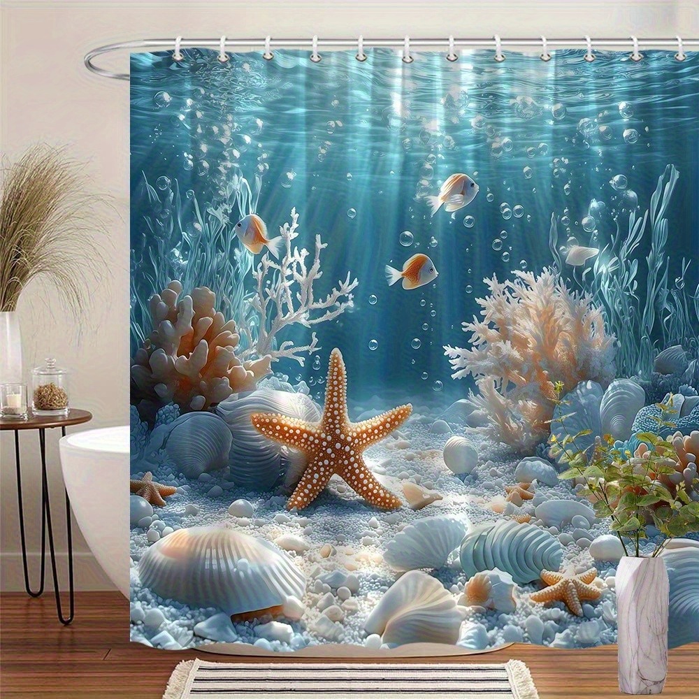 1pc ocean themed shower curtain with   coral   seashells coastal beach bath curtain suitable for s machine washable   hooks included vibrant aquatic design for bath decor