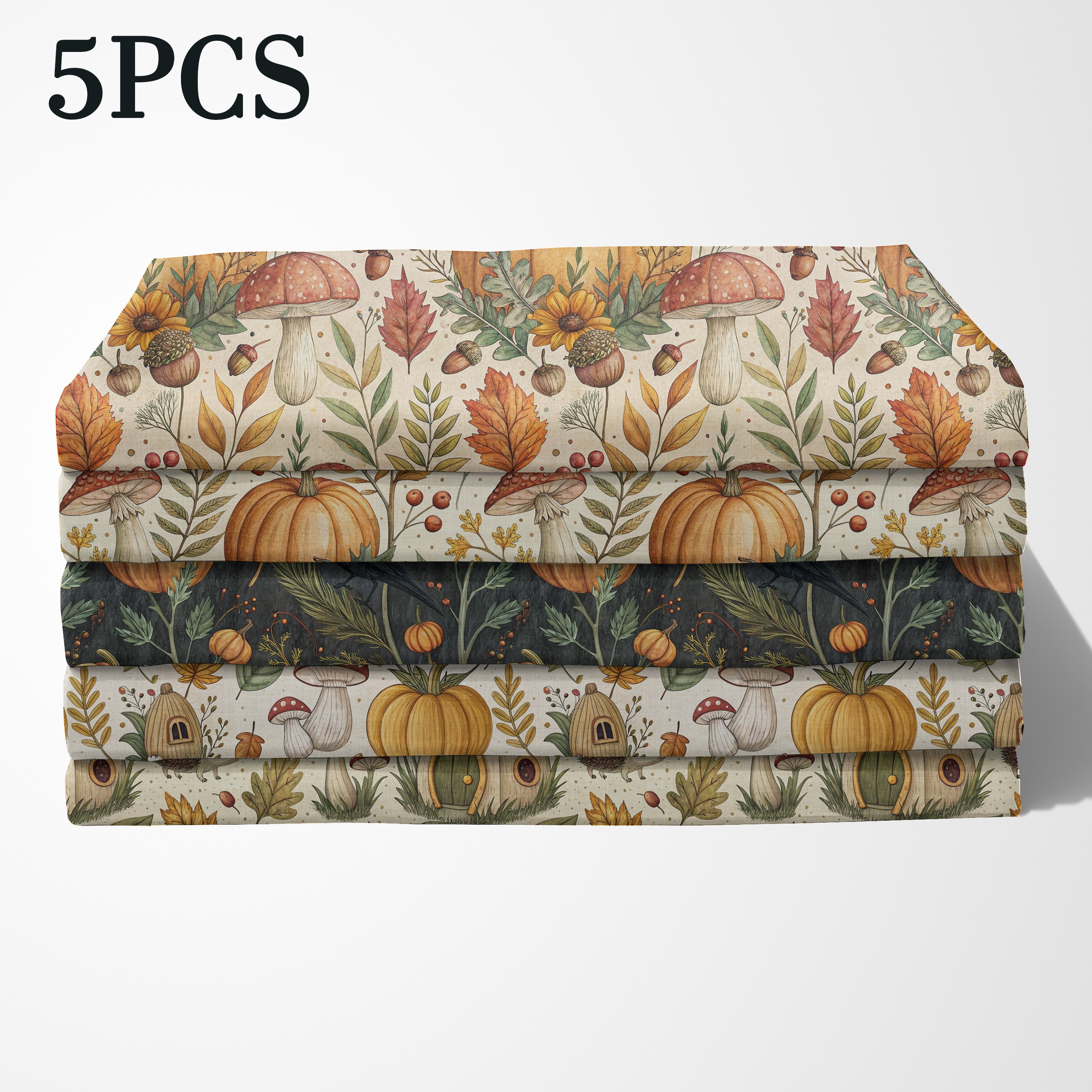 TEMU Fat Quarter 5pcs, 5pcs Designs, Including Round Pumpkin, Red-capped Mushroom, Mini , Hedgehog, , Autumn Maple Leaf, Beige And Dark Gray Dual