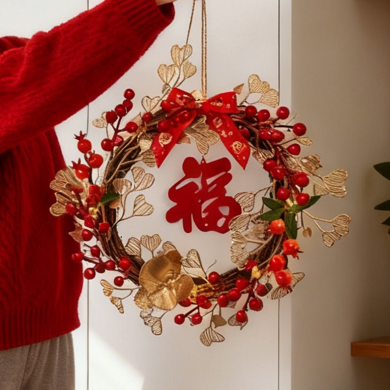 TEMU Chinese New Year Fu Character Wreath With Usb- Lights - Traditional Glowing Decor Suitable For Home, Housewarming, Lunar New Year Parties - -free Hanging Decoration