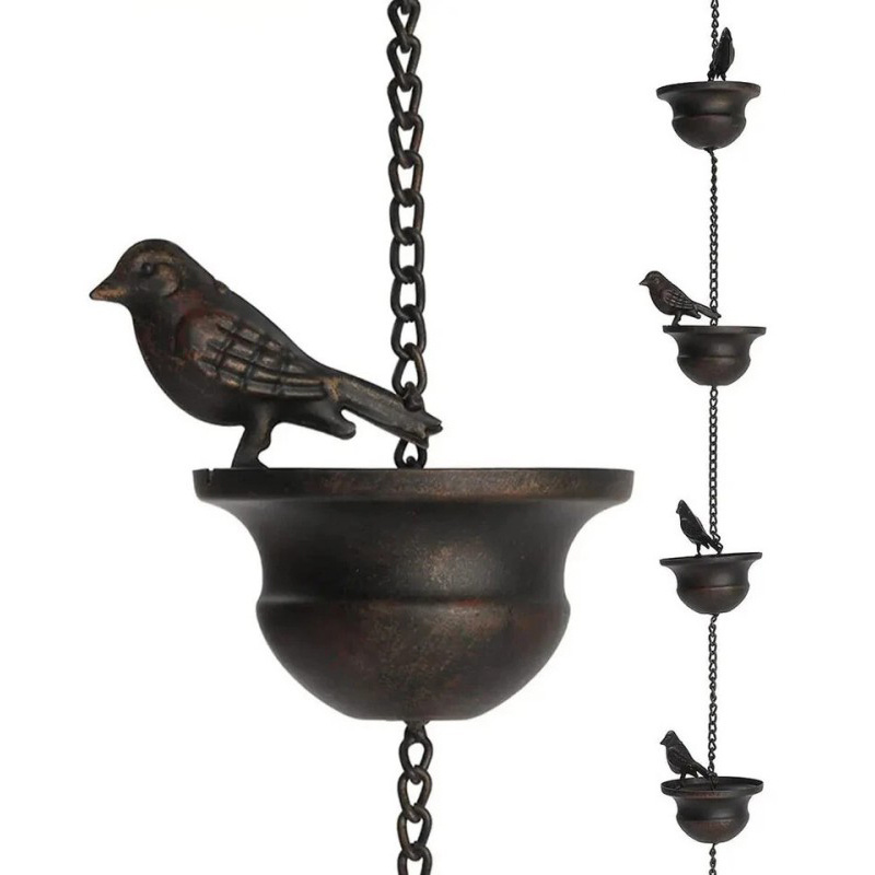 Metal Rain Chain For Outdoor Use Featuring Bird Cups, Perfect For Roof Drainage And Home Decoration