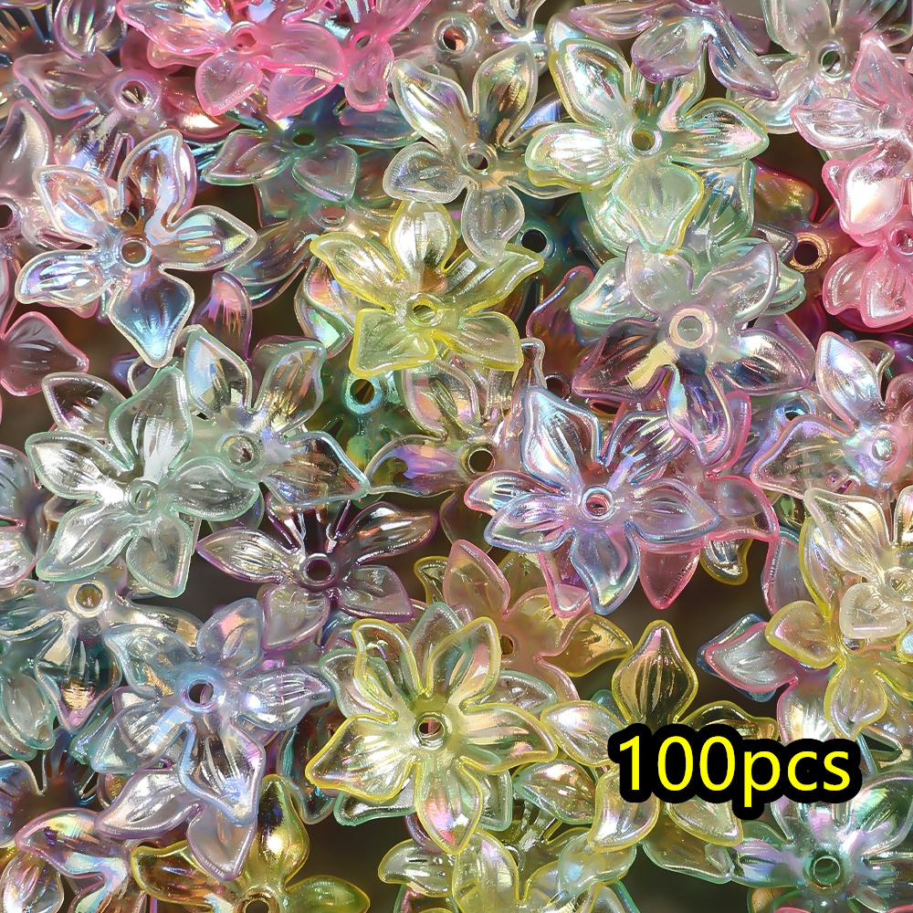 Image of 100pcs Of 22mm Shiny Light Flower Bead Caps In Assorted Transparent Colors, Perfect For Jewelry Making, Including Bracelets And Necklaces