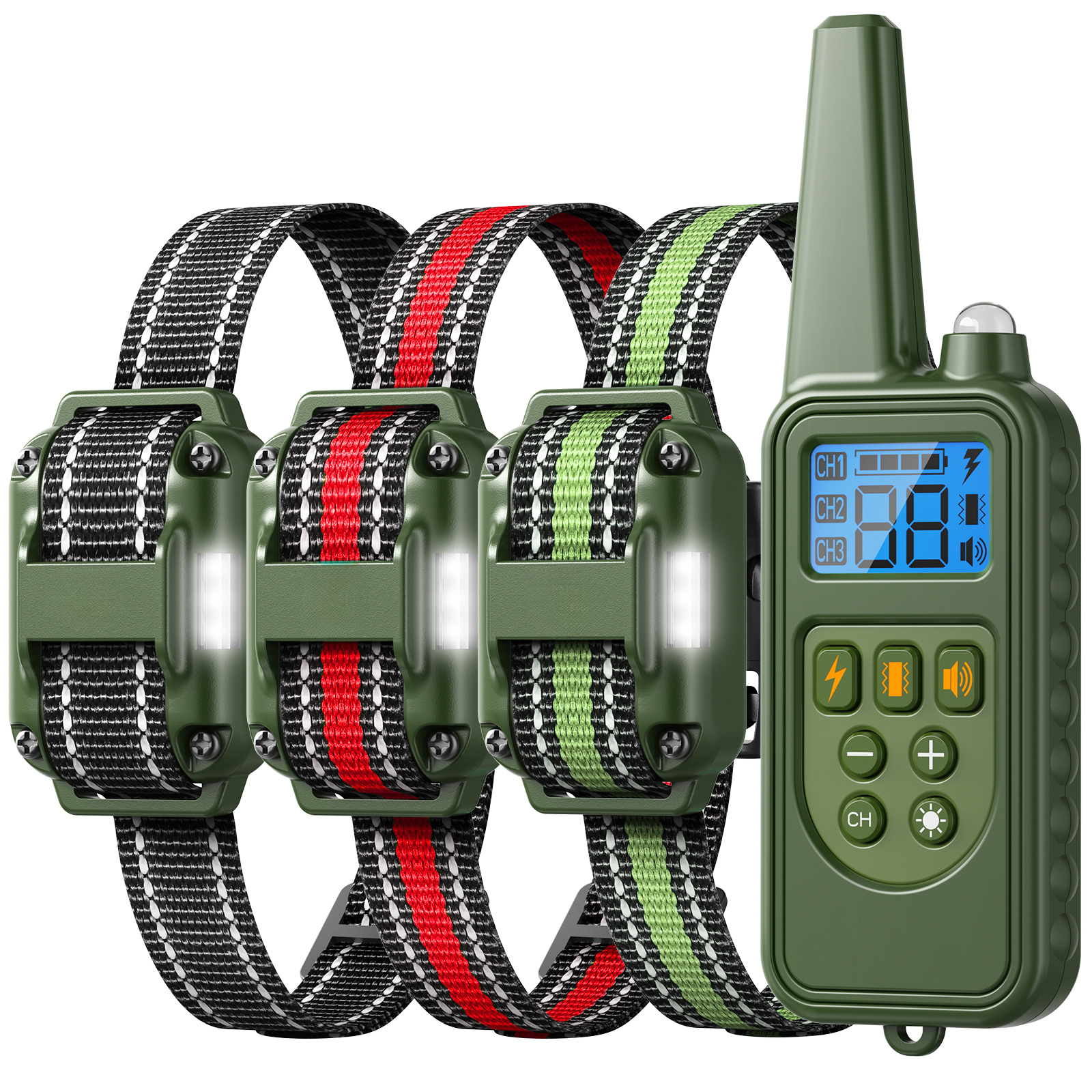 remote controlled dog training collar with 2600ft range 4 training     shake safe electric shock led 3 receivers included durable nylon usb rechargeable ideal for 3 dogs dog training collar vibrating collar adjustable collar
