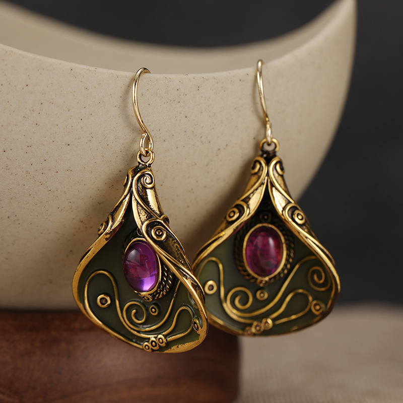 Vintage Inlaid Purple Resin Drop Earrings for Women