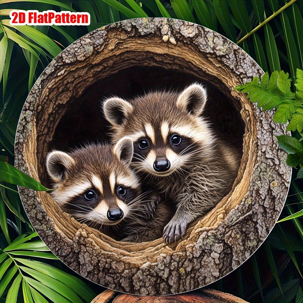 TEMU 2d Flat - 1pc Vintage Raccoon Wall Decor - Design, 8x8inch Circular Metal Ornament, Pre-drilled Holes For Easy Hanging, Reusable Matte End,