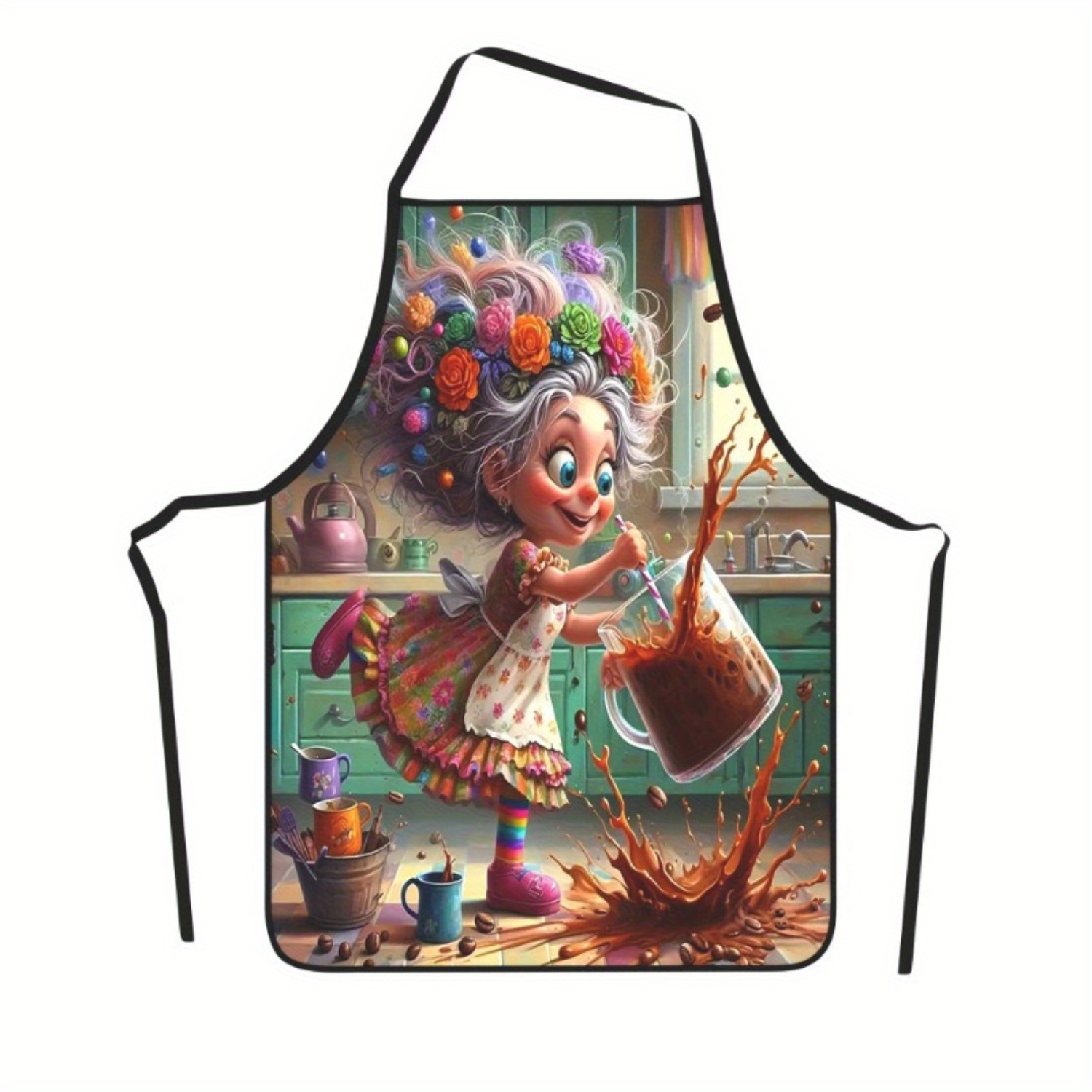 TEMU 1pc Adjustable Chef Apron 23.5x31.5 Inches - 100% Polyester 150g/m², Design With -haired Coffee Maker Art, Durable & Easy-clean For Cooking,