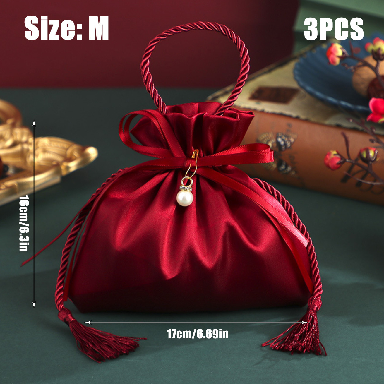 3pcs Creative Red Tassel Drawstring Gift Bags