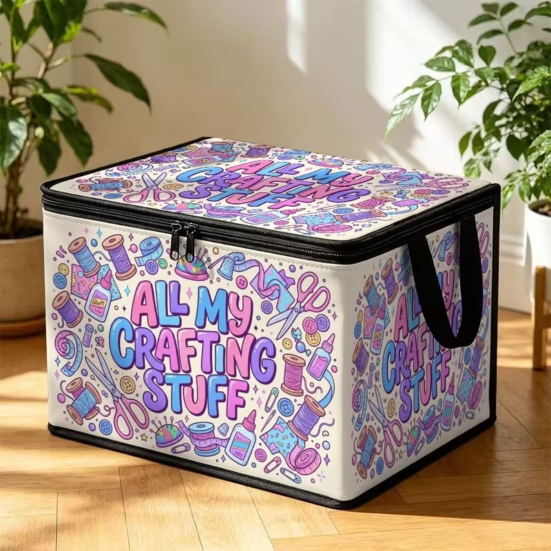 TEMU Crafts" Printed 2d Flat Foldable Polyester Fiber Storage Box With Lid - Large Capacity Soft Fabric Organizer, In Multiple Sizes, Perfect For