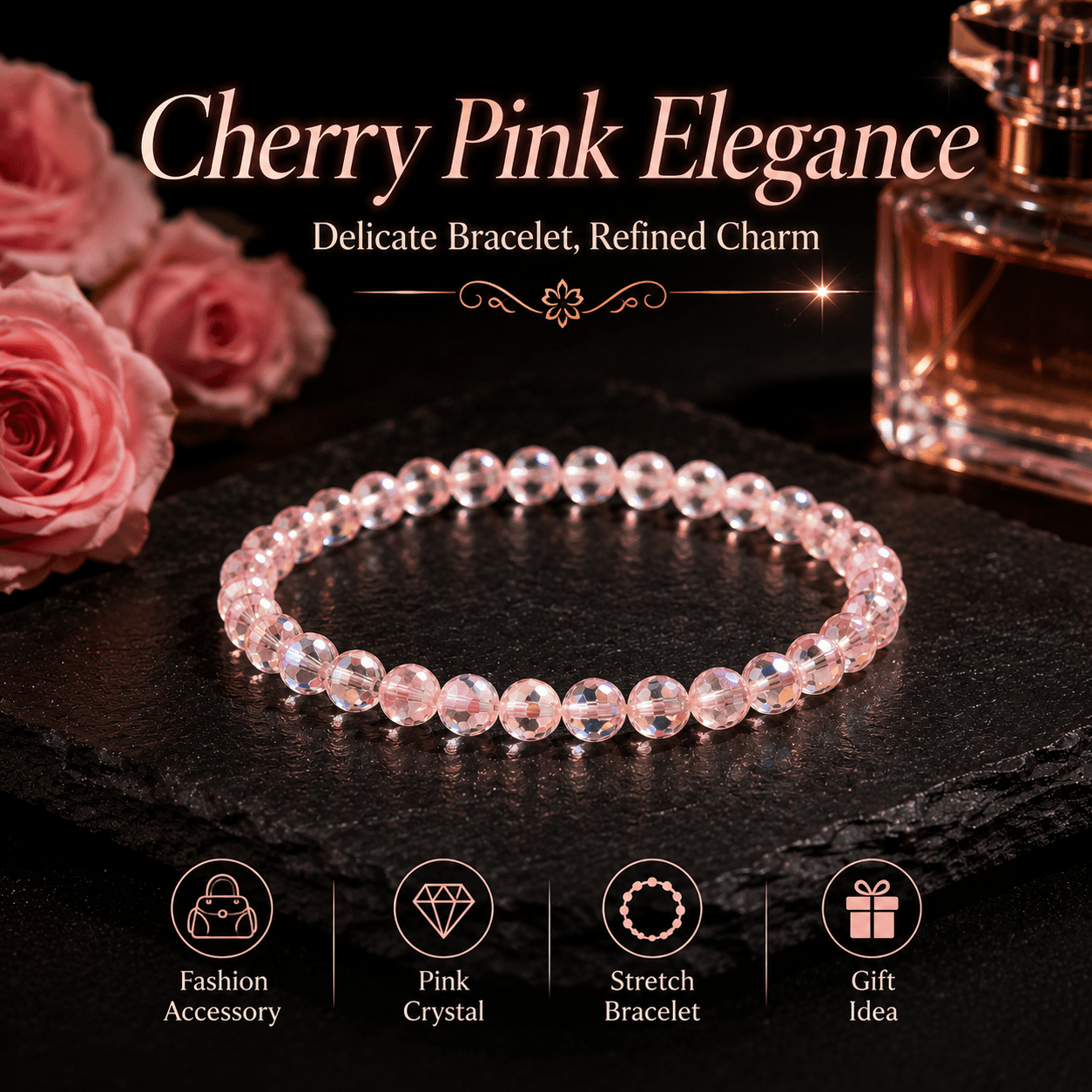 Women's Pink Crystal Beaded Bracelet, Sparkling Gift Option