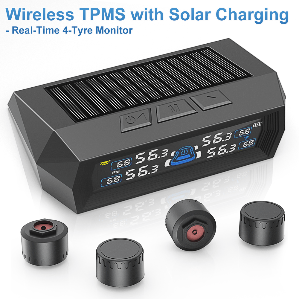 TEMU Solar Tpms With 4 Sensors, 0-99 Psi, 5 Warnings, Real-time Alerts For Fast Leak & , Solar usb Charging, Never Your Tyre Pressure Again - Protect