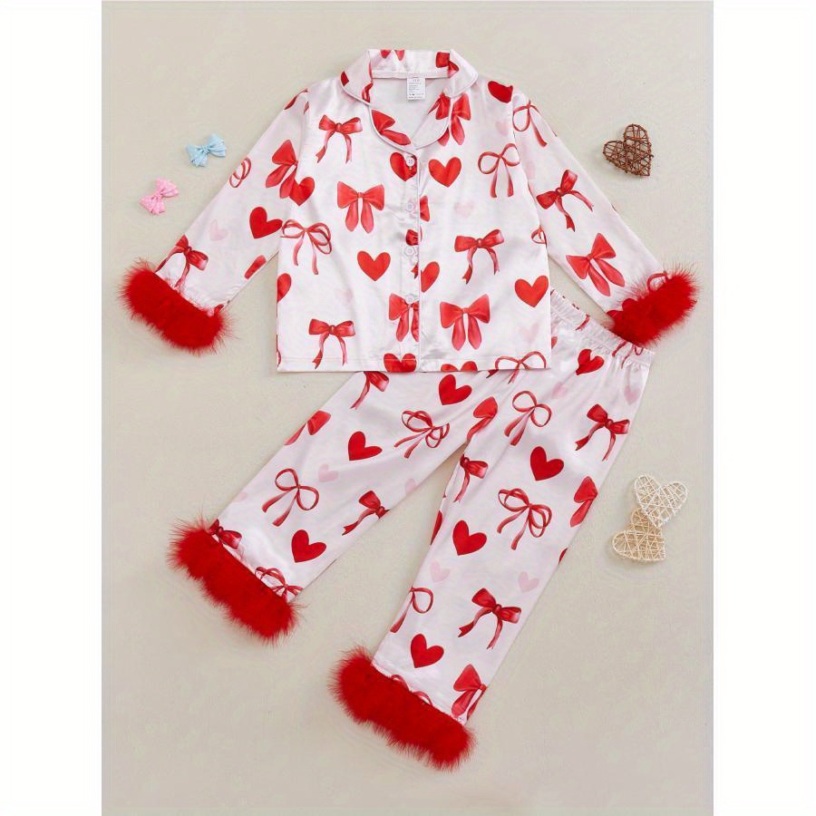 

Valentine's Day Girls' Clothing Set With Heart Bow Print, Lapel Neck, Button- & Waist Long Pants - Plush Clothing For , Clothing Sets For Girls