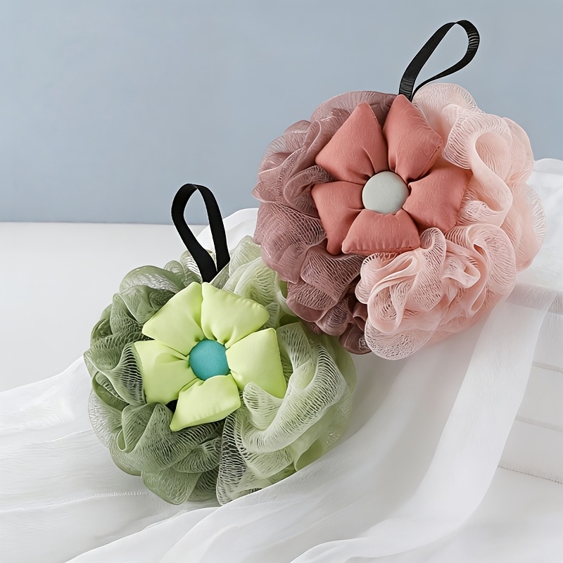 2pcs Set: Bath Ball & Heart-Shaped Hook, Floral Bath Flower