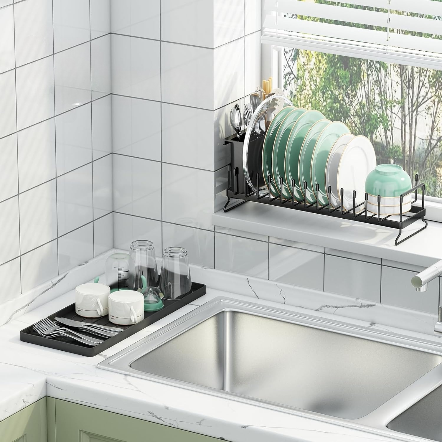 Image of Drying Rack With Bottom Tray Side Storage Box For Plates Bowls Cups Spoons Forks 41.8 X 16.8 X 15.5 Cm For Kitchens, Campers, Rvs