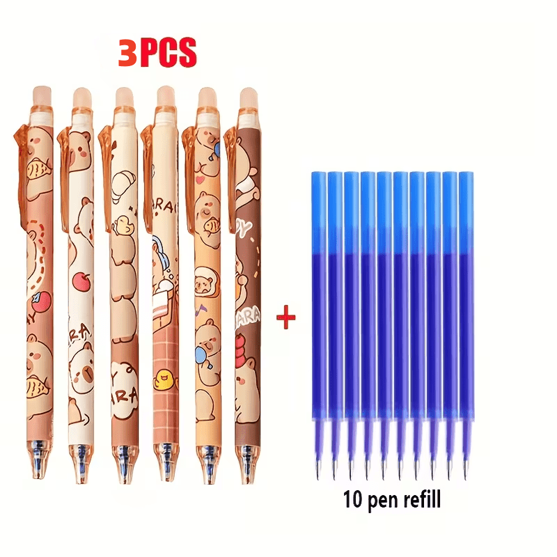 TEMU 13pcs Set Of Cute Capybara Erasable Pens, 0.5mm Click-style Blue Ink, Suitable For School And Office. Smooth And Quick-drying Writing (random