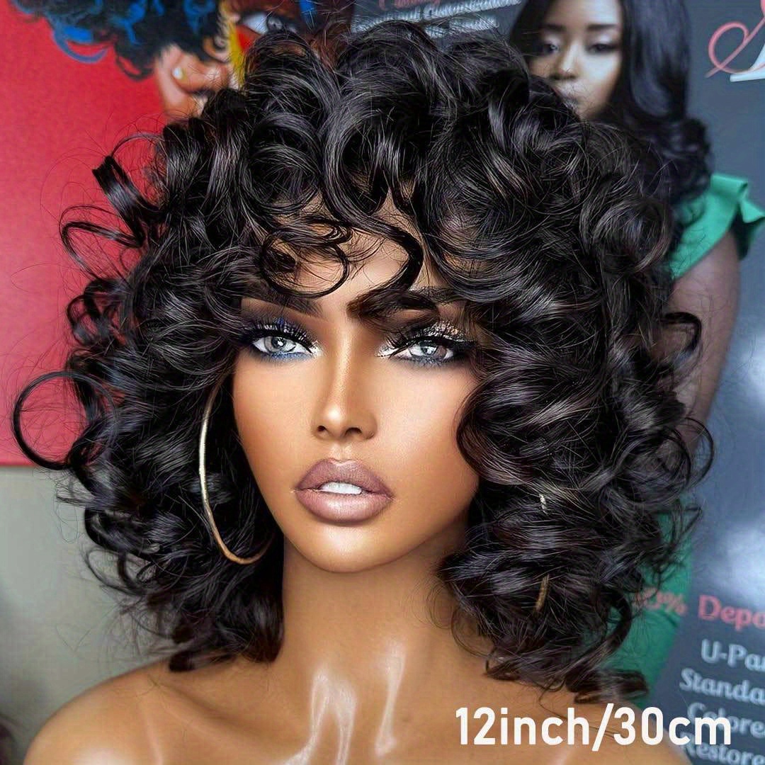 Elegant Curly Bob Wig for Women - 180% Density, Real Human Hair, Loose Bouncy Style with Bangs, Full Machine Made Rose Net Wig, Natural Look & Comfortable Fit, Everyday Curly Wig | Natural Look Wig | Real Human Hair Wig, Human Hair Wigs