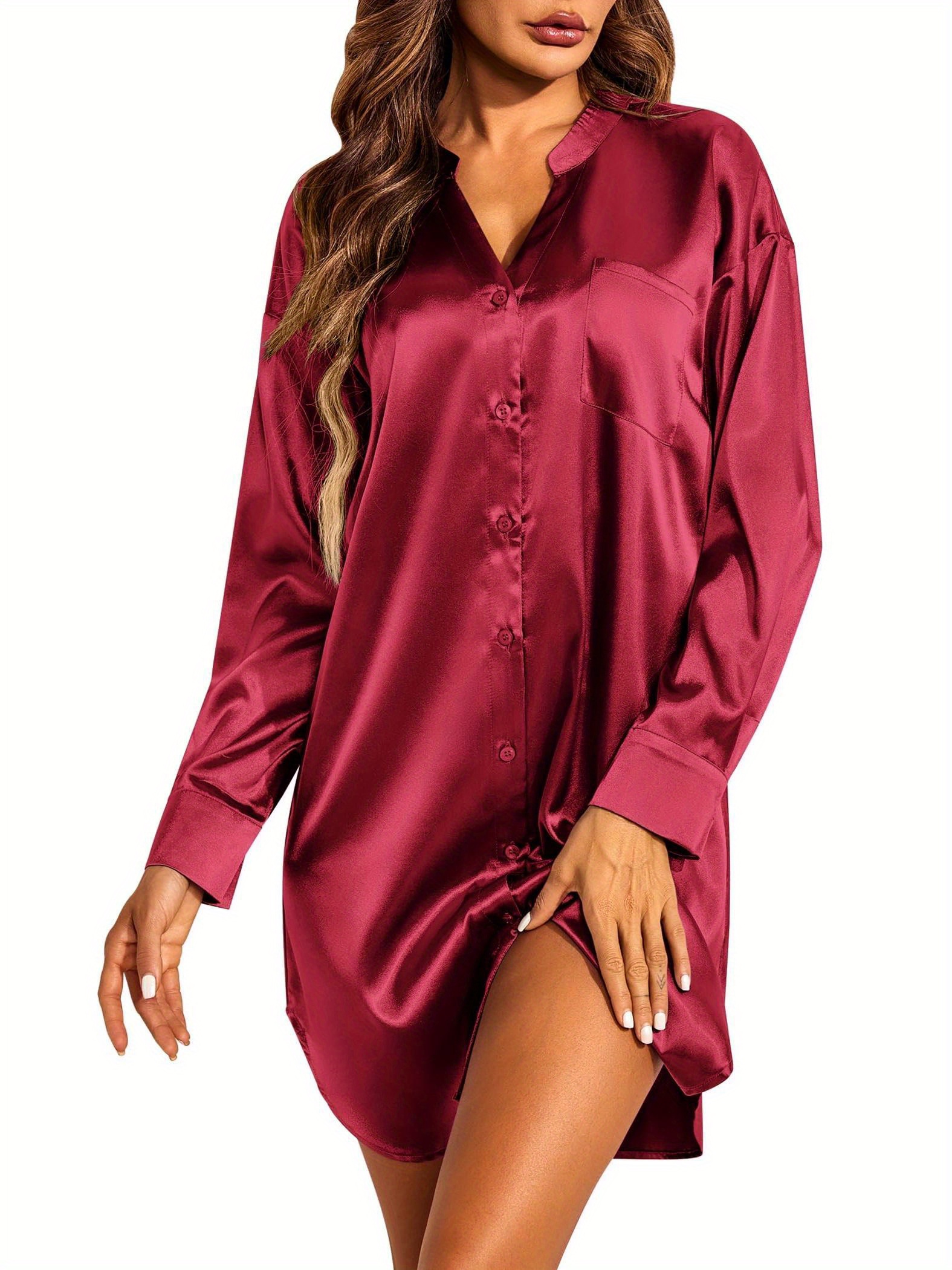 Ekouaer Chemise De Nuit Pour Femme - En Satin - Manches 3/4