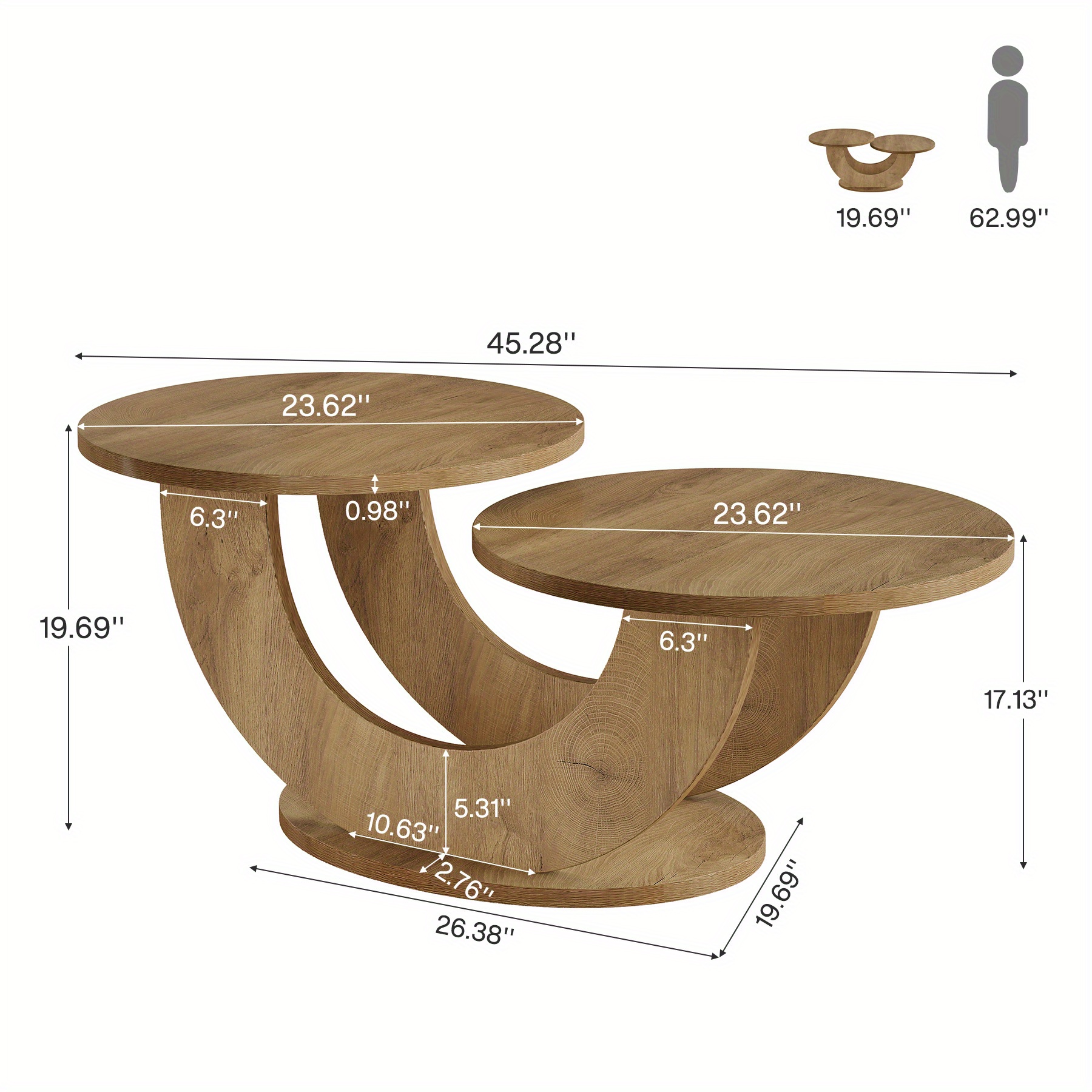 Round Living Room Coffee Table, 2-tier Farmhouse Coffee Table With U-shaped Frame, Low Accent Center Cocktail Table For Home, Apartment, Natural
