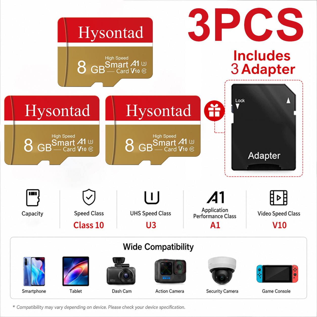 TEMU Hysontad 3pcs Premium Tf Memory Card 128gb/ 64gb/ 32gb/ 16gb/ 8gb/ 4gb/ 2gb/ 1gb With Adapter, A1 Rated Class Performance For Android Devices,