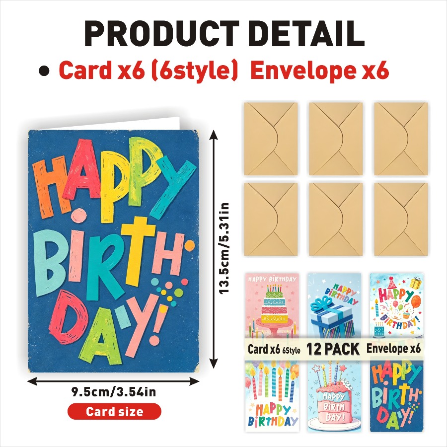 TEMU 12pcs Birthday Greeting Cards With Envelope (6pcs Cards And 6pcs Envelopes) - Assorted Birthday Cards, Suitable For Adults, Ideal For And Bulk