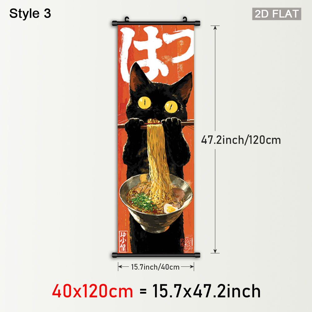 TEMU 2d Flat, 1pc Cat Noodles Wall Art Scroll - Vertical Plastic Framed Hanging Painting With Japanese Text & Ink On Canvas Poster, Anime Manga Decor