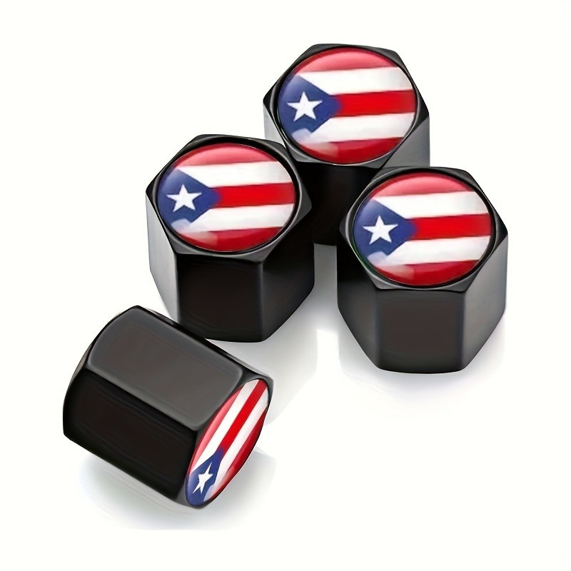 

4pcs Puerto Rican Flag Metal Tire Valve Caps - Patriotic Wheel Decor For Cars, Bikes, Motorcycles | Black With Red, White & , Tire Decor