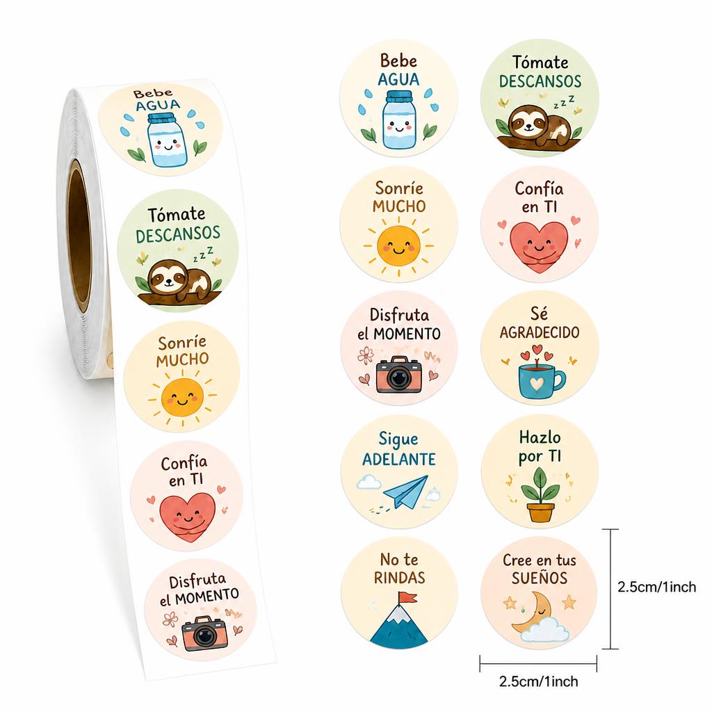 TEMU Rollo de 500 pegatinas de inspiradoras en español, 1" redondas, etiquetas de para frases de , calcomanías de afirmaciones