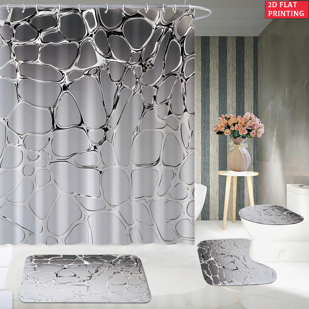 4pcs Silver Textured Pattern Shower Curtain Set with Bath Rug