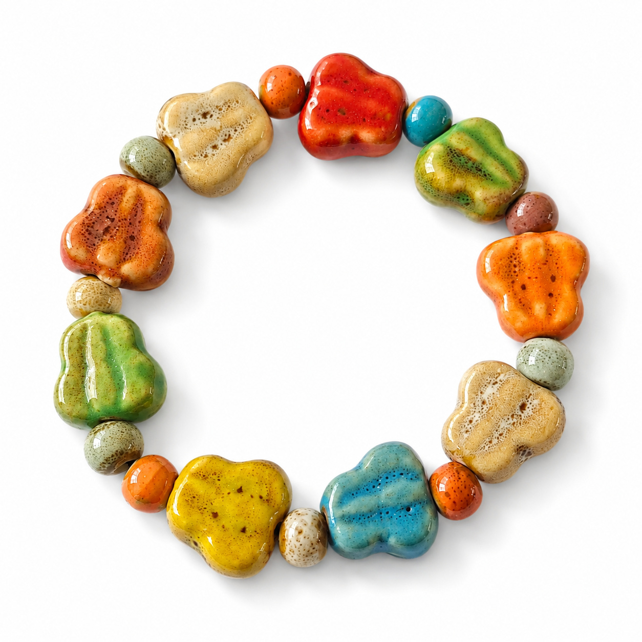 Colorful Ceramic Beaded Stretch Bracelet, Boho Handmade Look