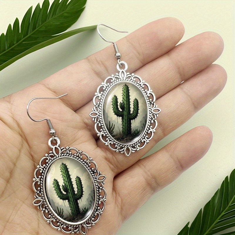 Cactus Plant Retro Oval Dangle Earrings