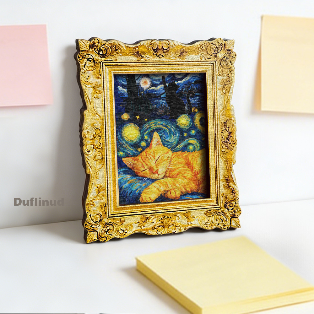 TEMU 1 Wooden Art Cat Fridge Magnet, Mini Picture Frame Fridge Magnet, Cat Sleeping Under A Starry Sky, Wooden Fridge Magnet, Cute Fridge Decoration,