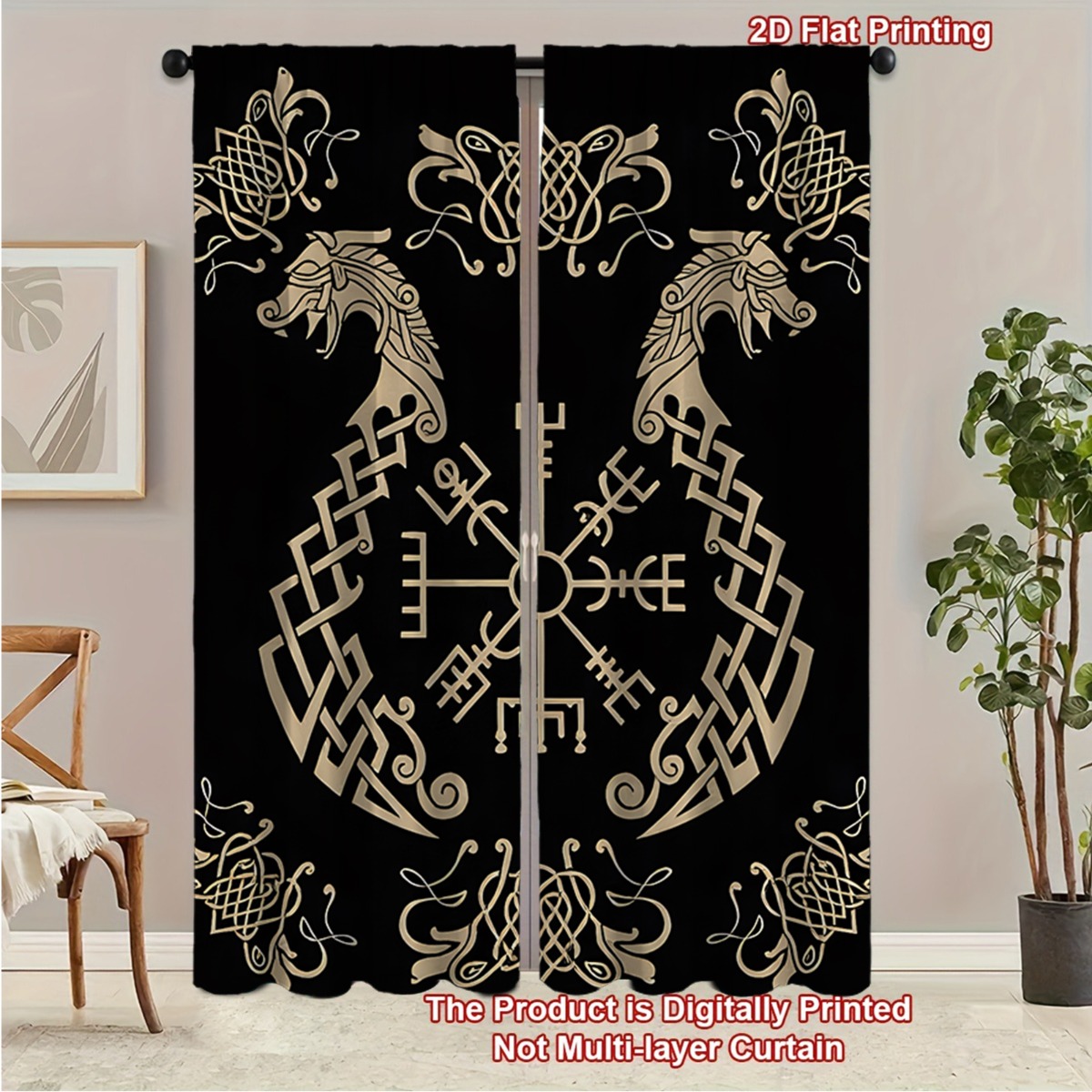 TEMU 2d Flat - 2d Flat - 2d Flat 2pcs With Compass Symbol Curtains, Norse Myth Totem Printed Polyester Blackout Curtains, Pole Bag Style Home